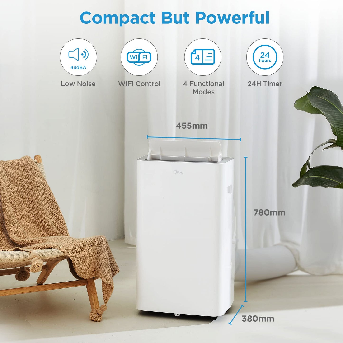 Midea Silent Cool 26 Pro – 9000 BTU, 2,6 kW, Kühlen, Entfeuchten & Ventilieren, für bis zu 33 m², mit Abluftschlauch, Weiß.