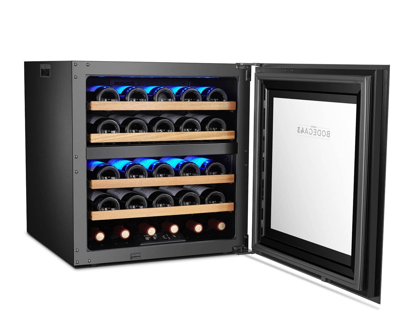 BODEGA43-25 Einbau Weinkühlschrank 2 Zonen 25 Flaschen 60 cm Vollglastür Birkenholzregale 38 dB