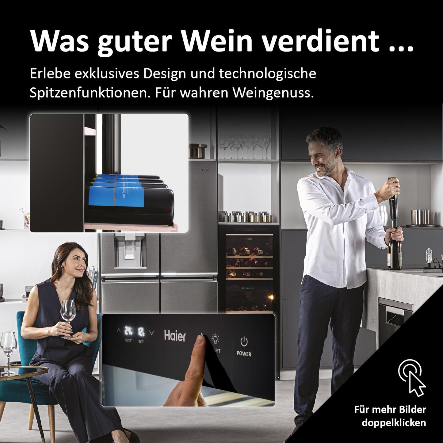 Haier HWS79GDG Weinkühlschrank 2 Zonen 79 Flaschen UV-Glastür Holzregale Vibrationsarm Serie 5