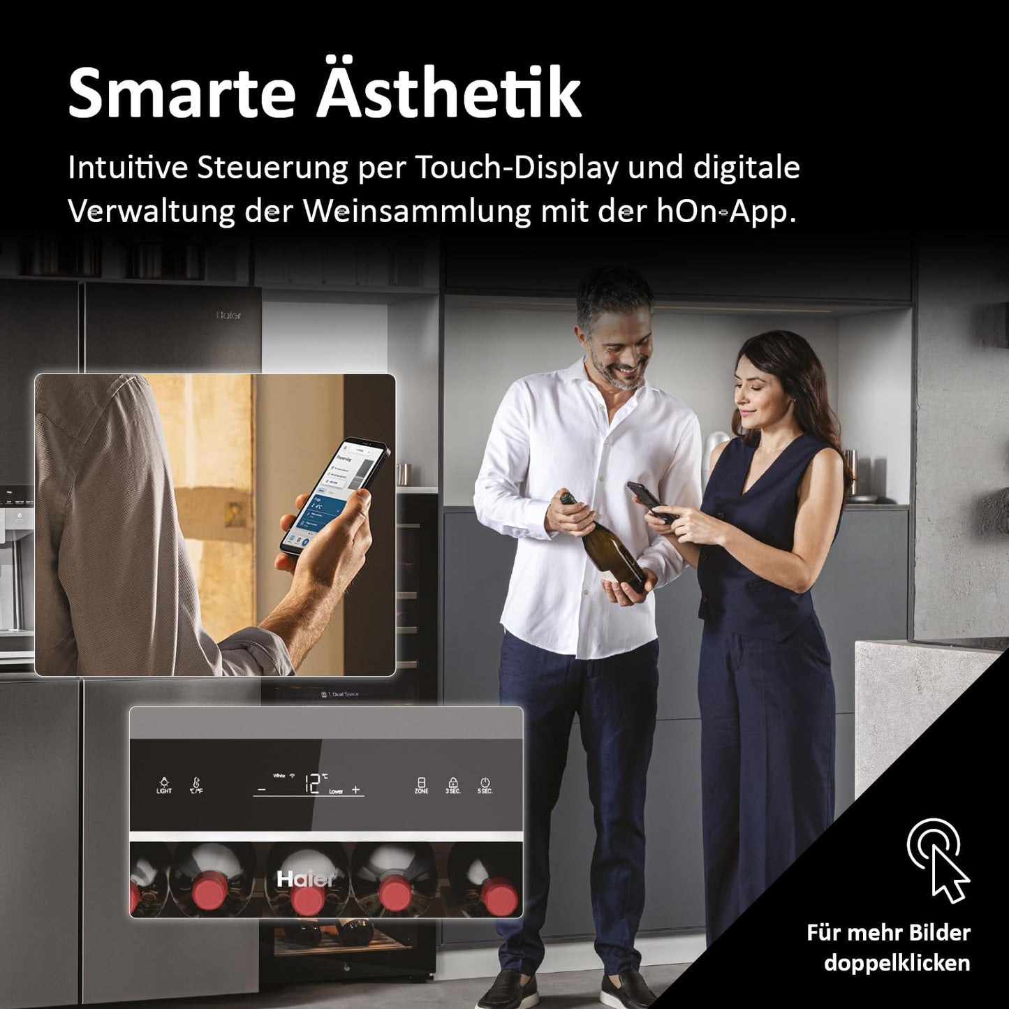 Haier HWS79GDG Weinkühlschrank 2 Zonen 79 Flaschen UV-Glastür Holzregale Vibrationsarm Serie 5