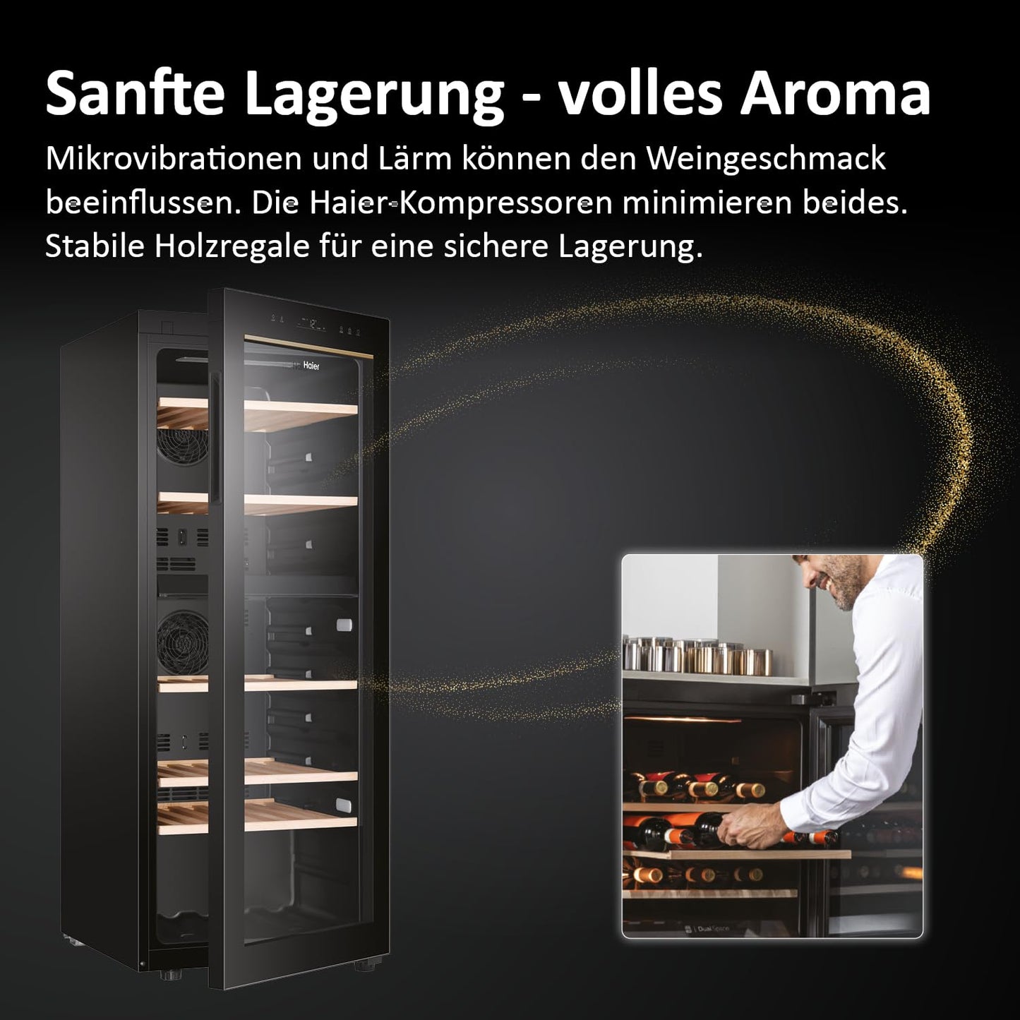 Haier HWS79GDG Weinkühlschrank 2 Zonen 79 Flaschen UV-Glastür Holzregale Vibrationsarm Serie 5