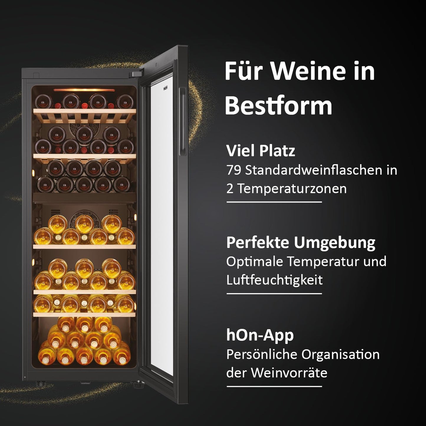 Haier HWS79GDG Weinkühlschrank 2 Zonen 79 Flaschen UV-Glastür Holzregale Vibrationsarm Serie 5