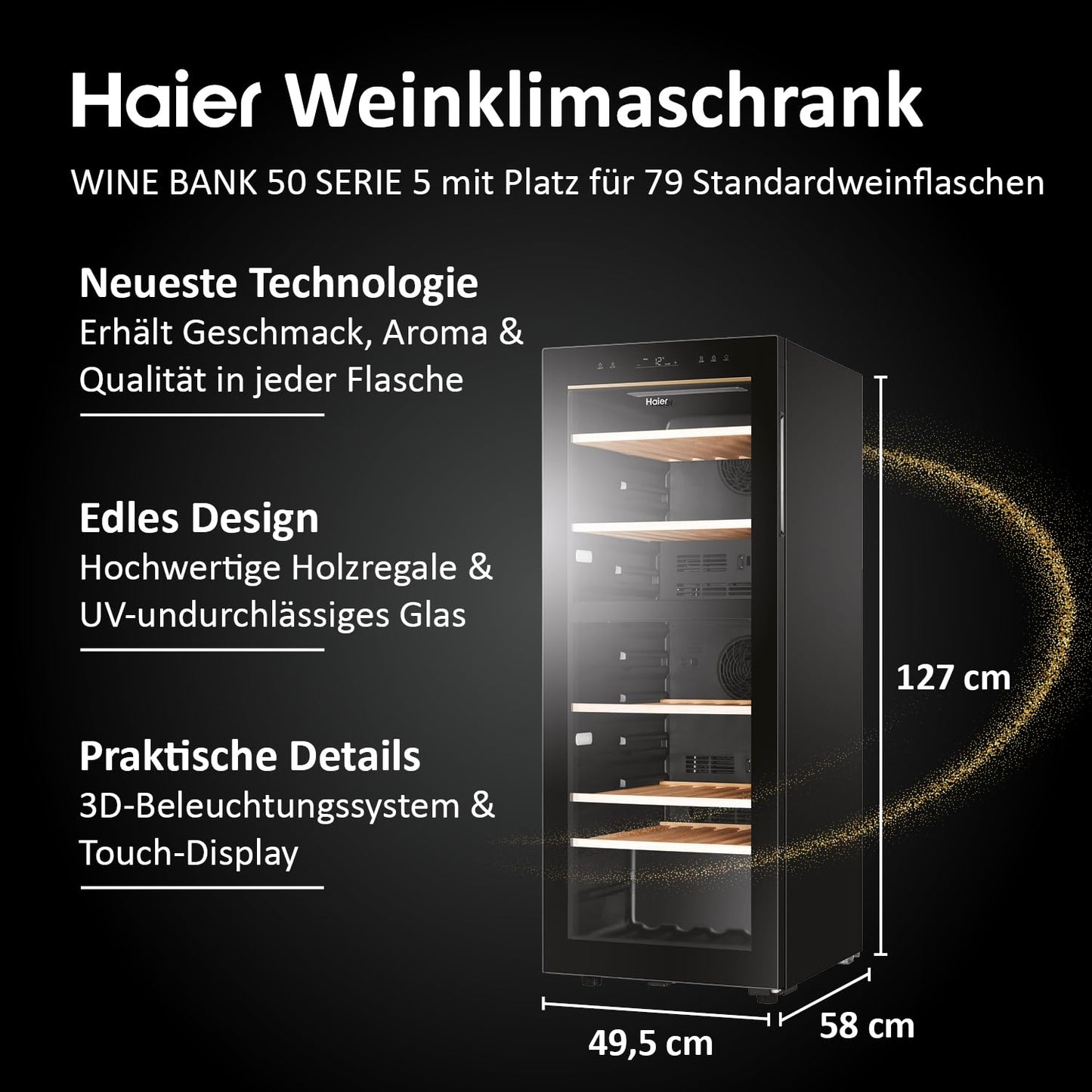Haier HWS79GDG Weinkühlschrank 2 Zonen 79 Flaschen UV-Glastür Holzregale Vibrationsarm Serie 5