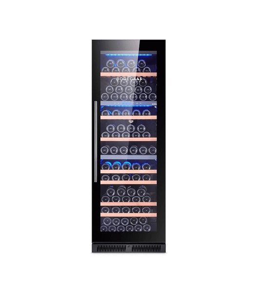 BODEGA43-145 Weinkühlschrank 3 Zonen 145 Flaschen Einbau & Freistehend Glasfront Sapele Holzregale 41 dB