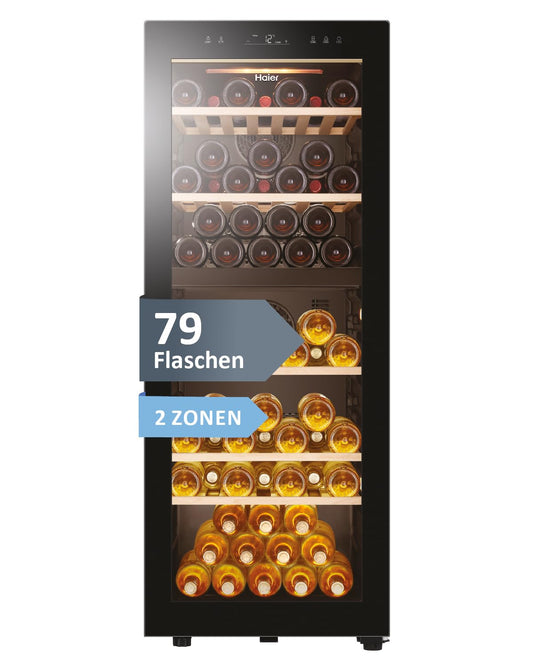 Haier HWS79GDG Weinkühlschrank 2 Zonen 79 Flaschen UV-Glastür Holzregale Vibrationsarm Serie 5